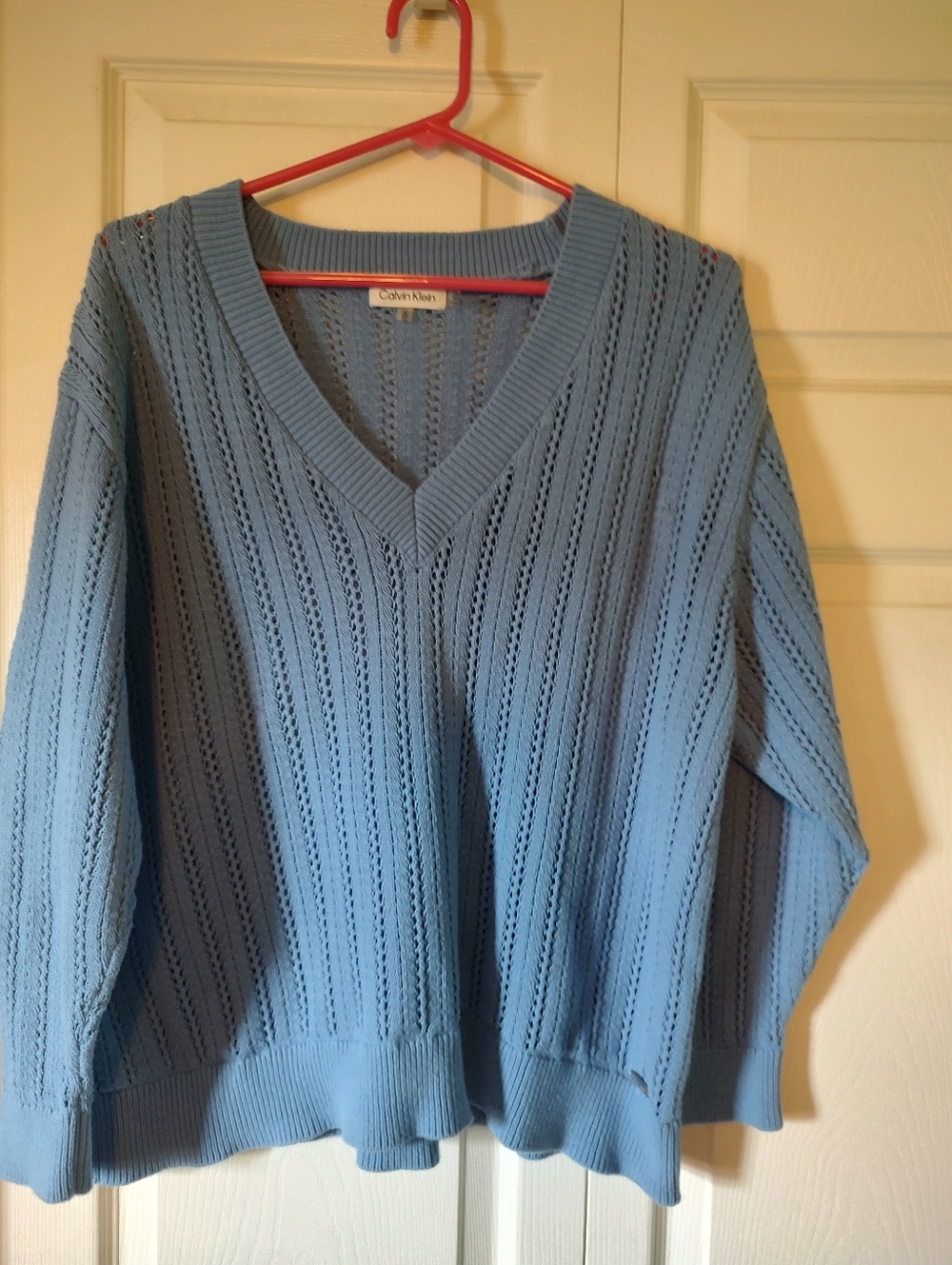 Calvin Klein Sky Blue V-Neck Open Knit Sweater XL
